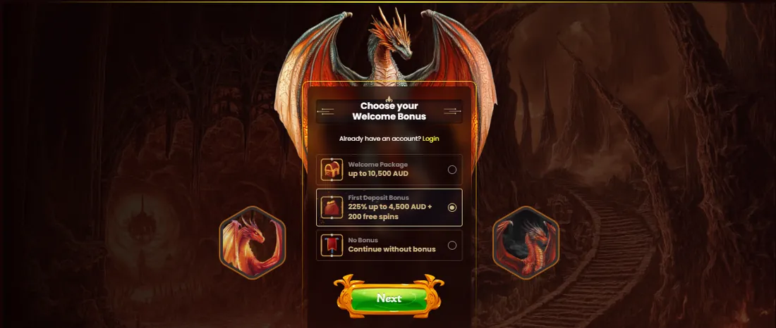 DragonSlots welcome bonus screen with the casino's fire dragon