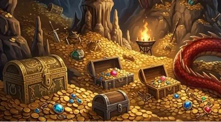 Treasure chests of gold from DragonSlots casino artwork